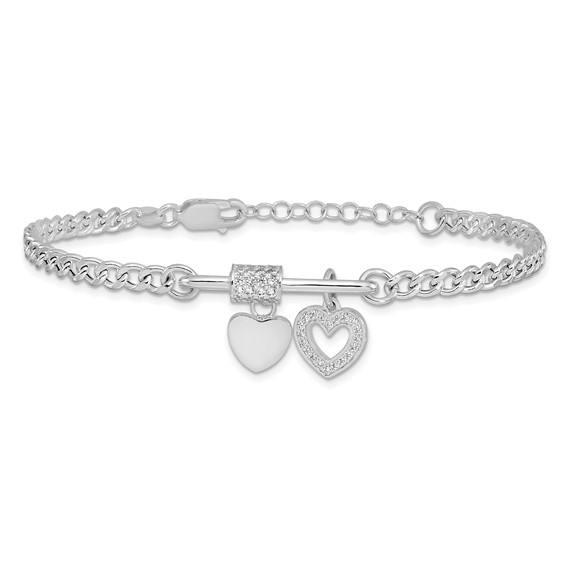 Sterling Silver RH-plated CZ Heart Moveable 7in w/ 1in ext Bracelet