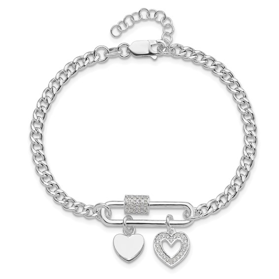 Sterling Silver RH-plated CZ Heart Moveable 7in w/ 1in ext Bracelet
