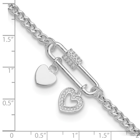 Sterling Silver RH-plated CZ Heart Moveable 7in w/ 1in ext Bracelet