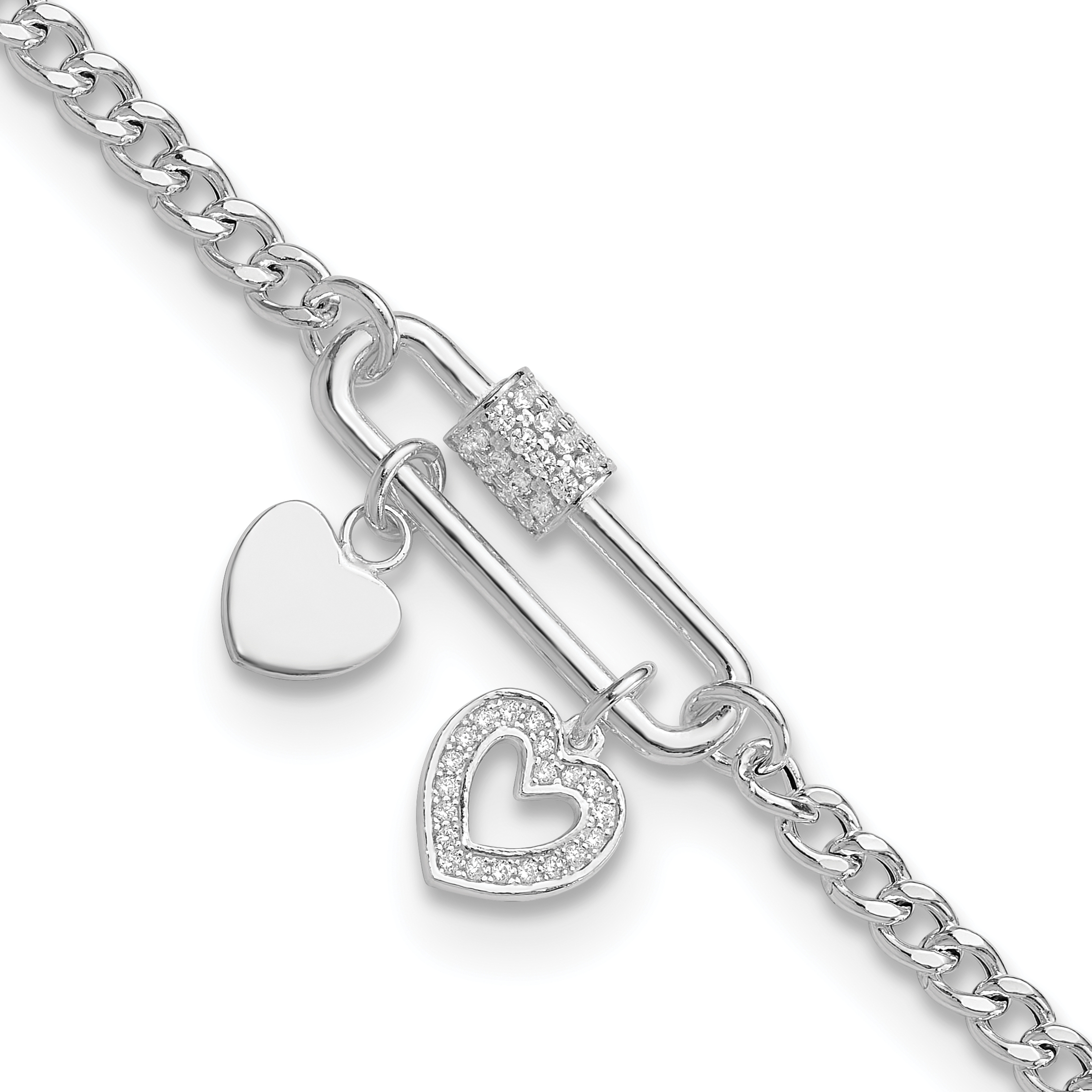 Sterling Silver RH-plated CZ Heart Moveable 7in w/ 1in ext Bracelet (QG6548-7)