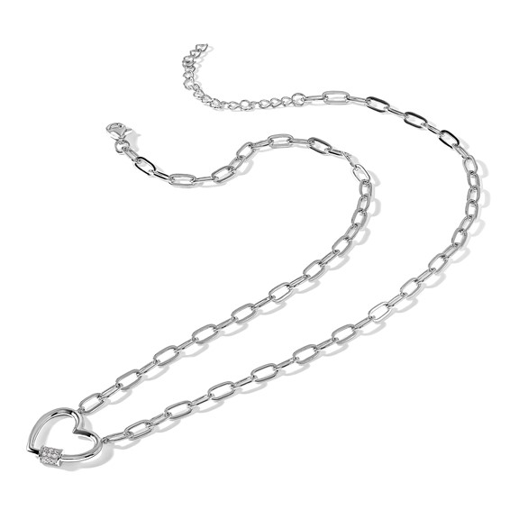 Sterling Silver Heart with CZ Paperclip Necklace