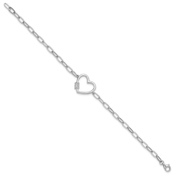 Sterling Silver Rhodium-plated with CZ Heart Paperclip Link 7.5in Bracelet
