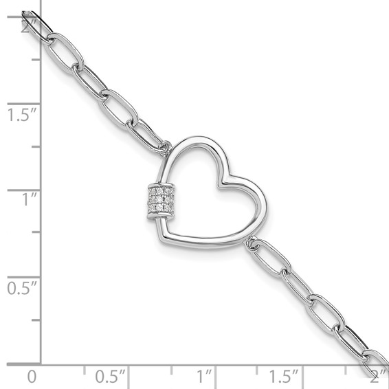 Sterling Silver Rhodium-plated with CZ Heart Paperclip Link 7.5in Bracelet
