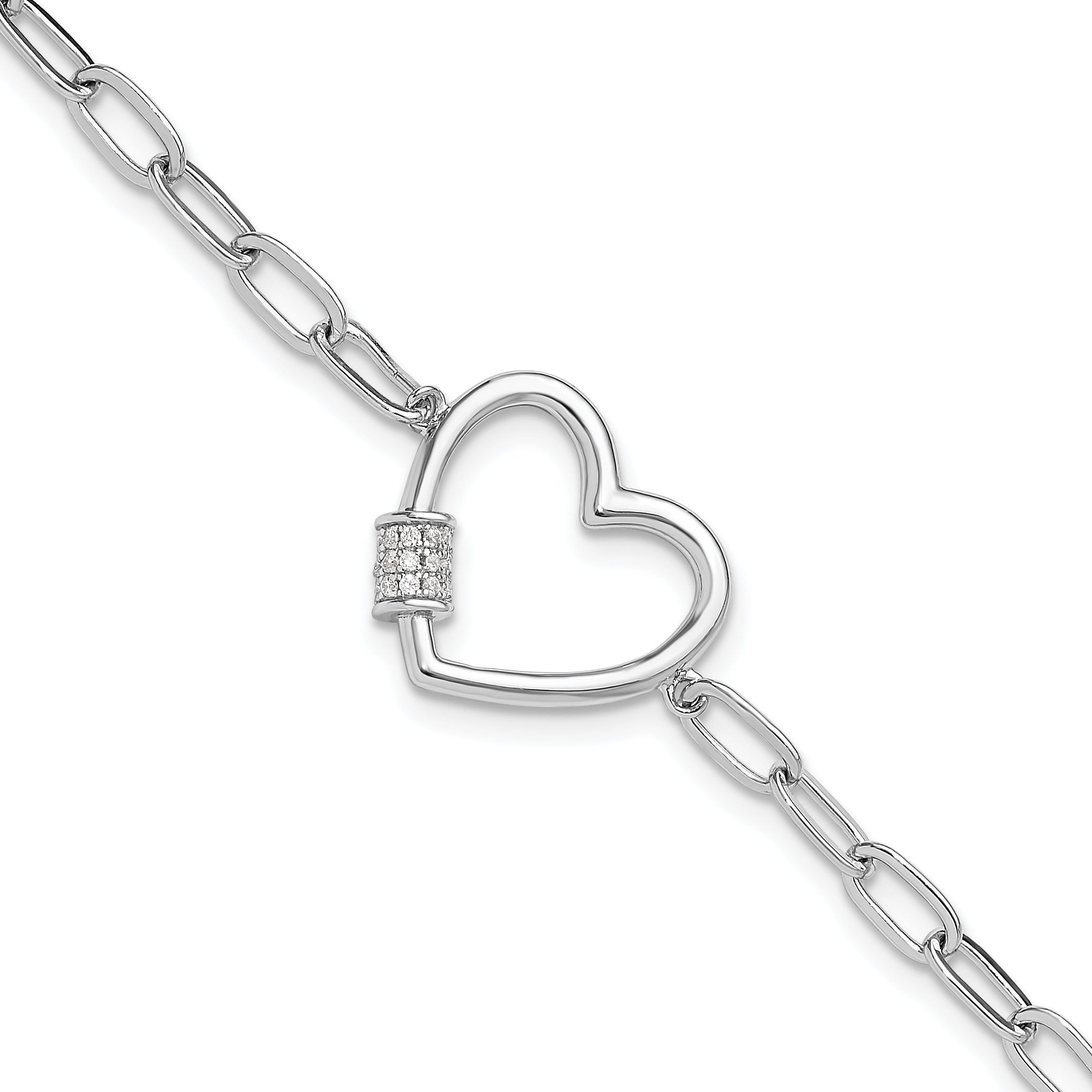 Sterling Silver Rhodium-plated with CZ Heart Paperclip Link 7.5in Bracelet (QG6549-7.5)