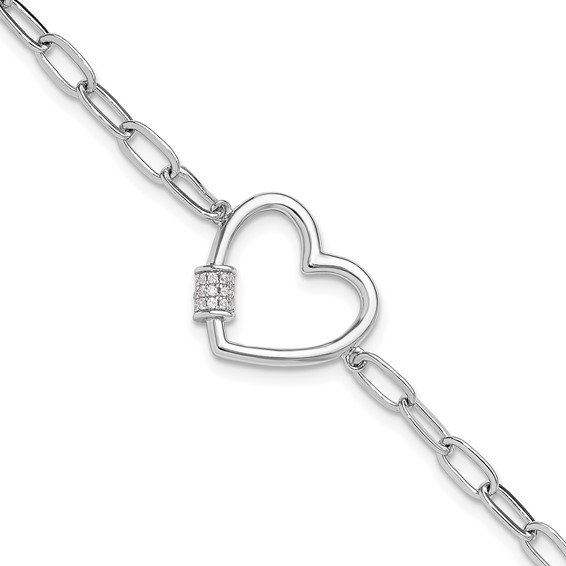 Sterling Silver Rhodium-plated with CZ Heart Paperclip Link 7.5in Bracelet