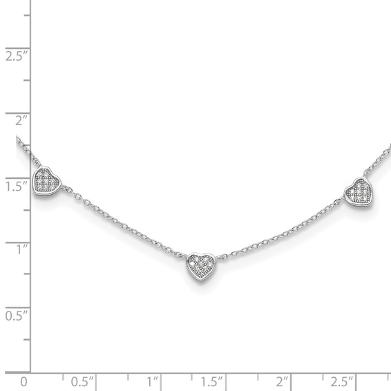 Sterling Silver RH-plated w/Micro Pave CZ Hearts 16in w/2in ext Necklace