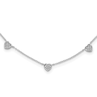 Sterling Silver RH-plated w/Micro Pave CZ Hearts 16in w/2in ext Necklace