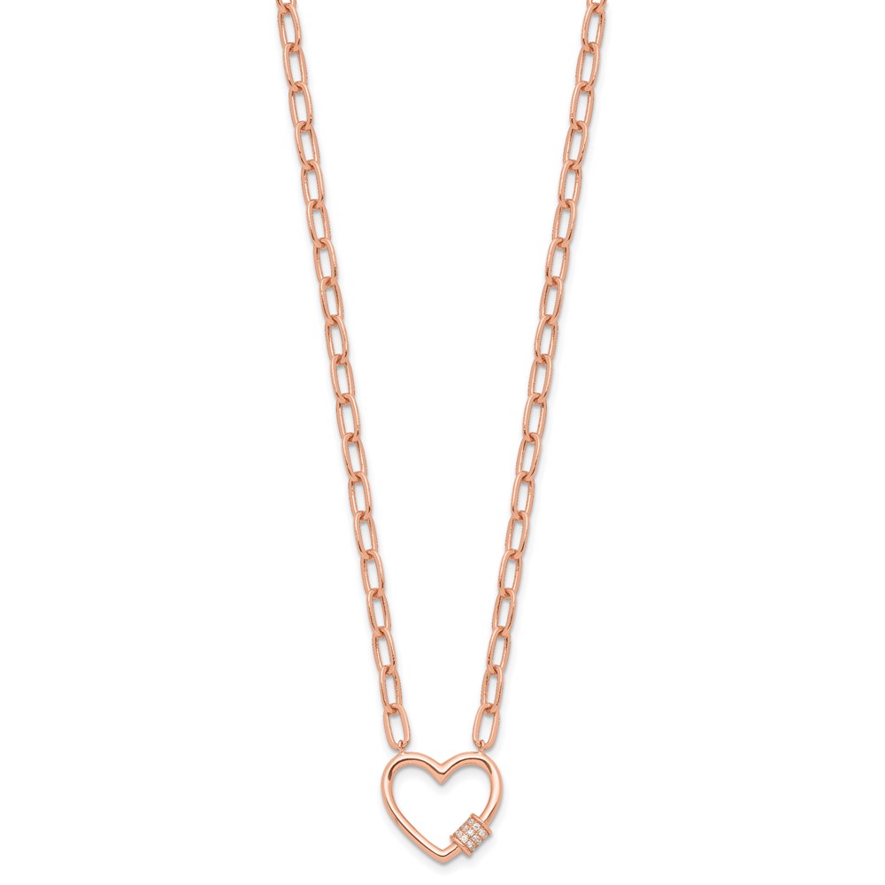 Sterling Silver Rose-tone CZ Heart Paper Clip with 2in ext. Necklace (QG6551RP-15.5)