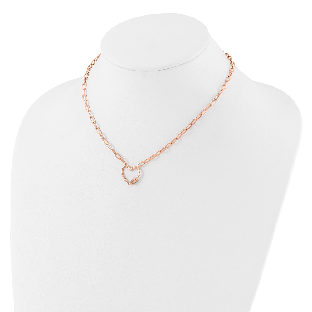 Sterling Silver Rose-tone CZ Heart Paper Clip with 2in ext. Necklace (QG6551RP-15.5)