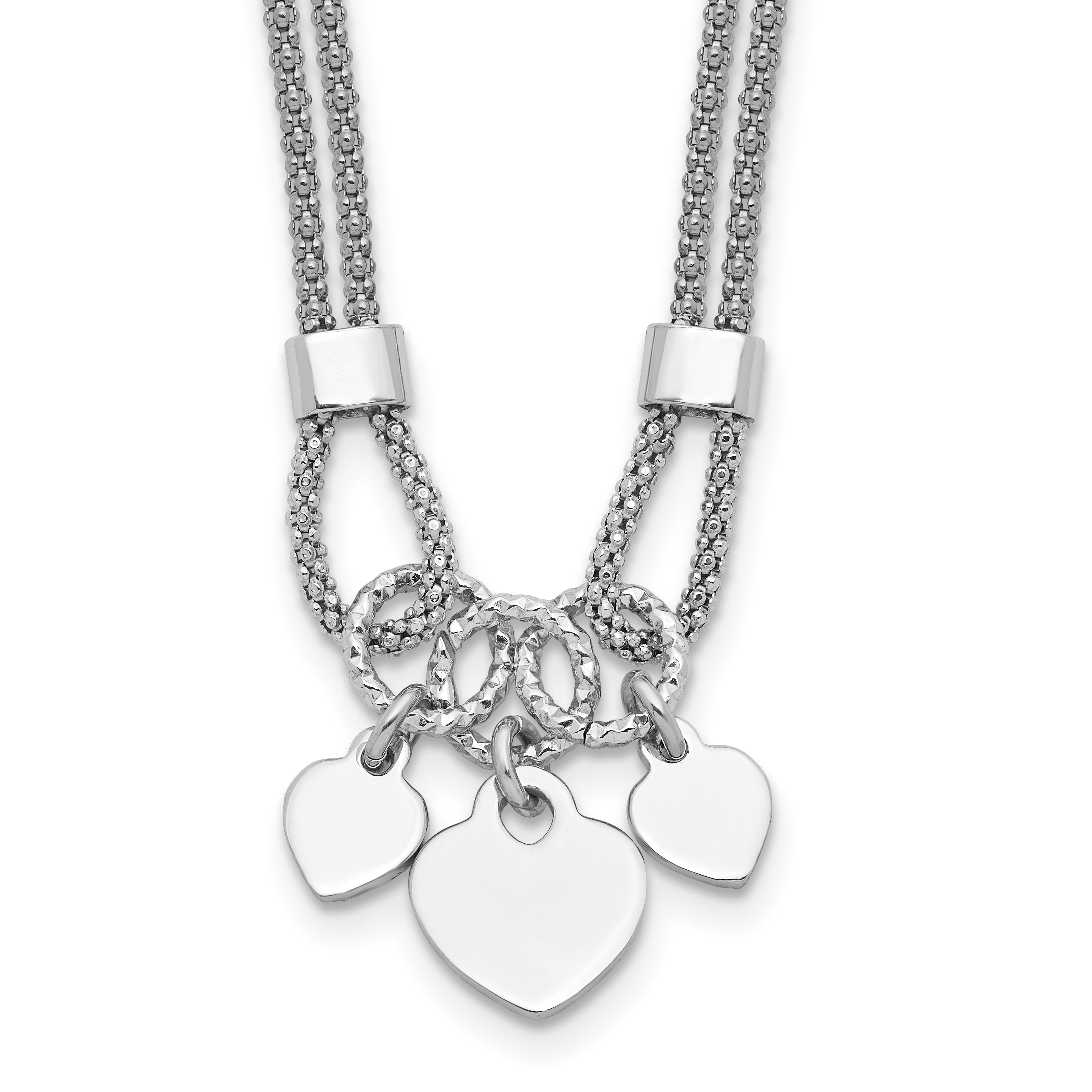 Sterling Silver Rhod-plated Polished Heart Dangle 14in 2in ext Choker (QG6553-14)