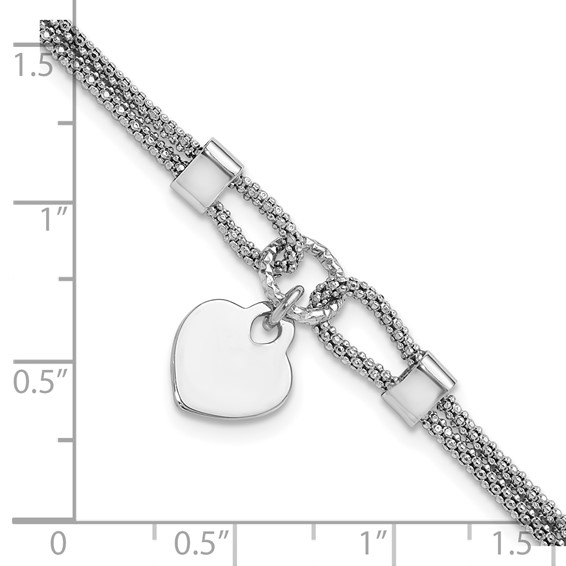Sterling Silver Rhod-plated Polished Heart Dangle 6.5in 1.5in ext Bracelet