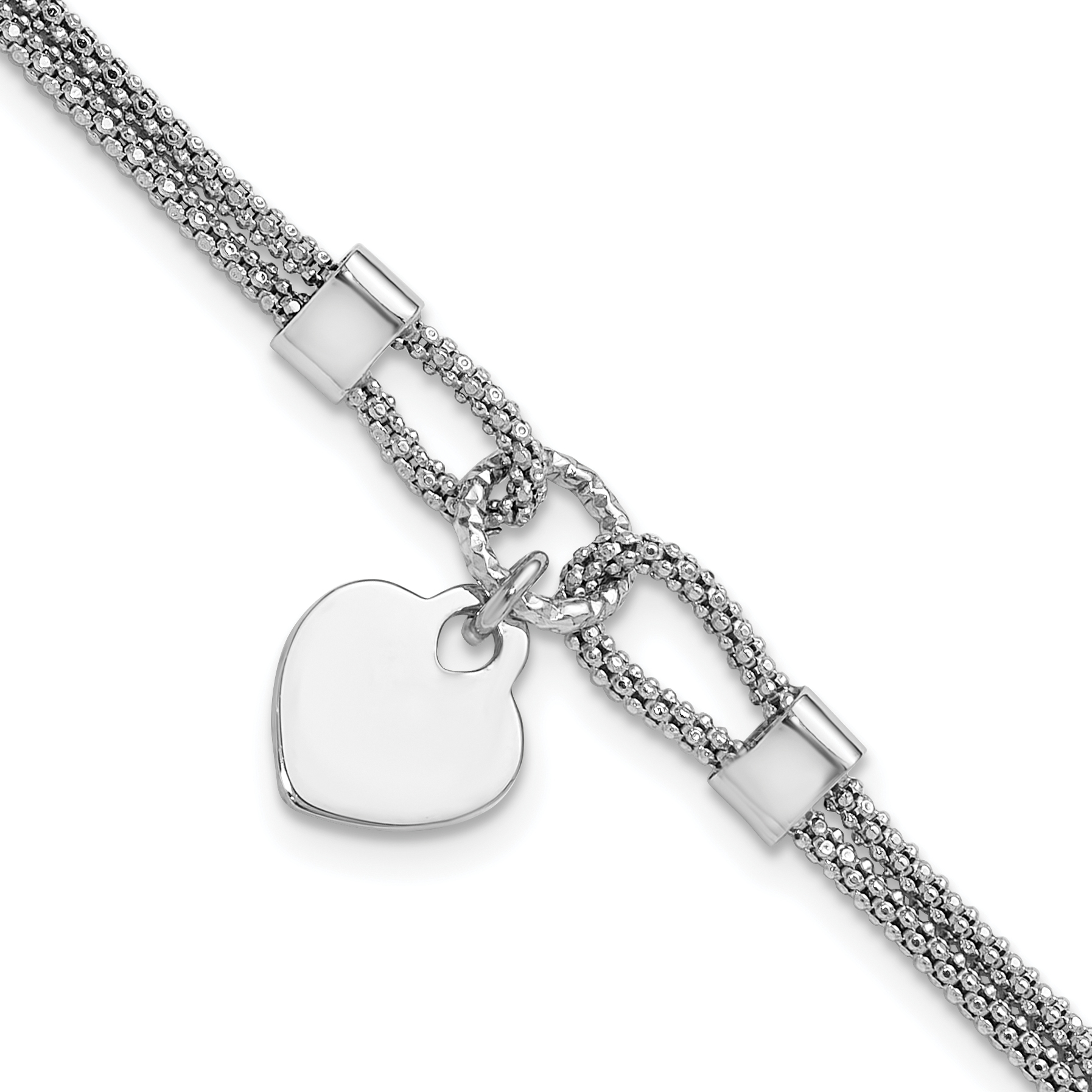 Sterling Silver Rhod-plated Polished Heart Dangle 6.5in 1.5in ext Bracelet (QG6553-6.5)