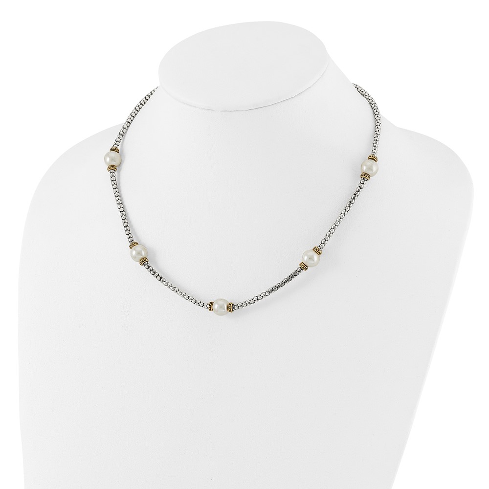 Sterling Silver and Gold-tone Synthetic Pearl 18in Necklace (QG6555-18)