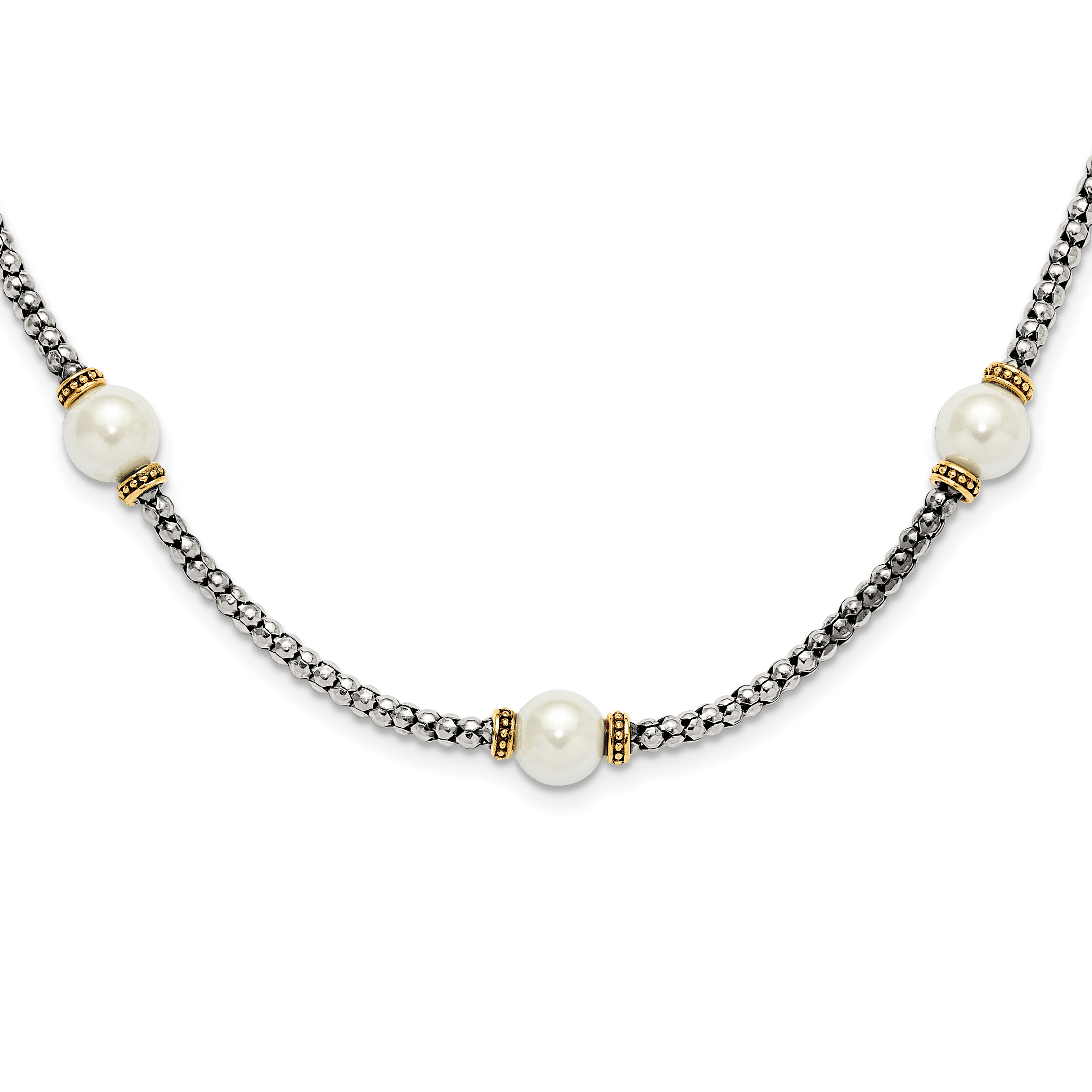 Sterling Silver and Gold-tone Synthetic Pearl 18in Necklace (QG6555-18)
