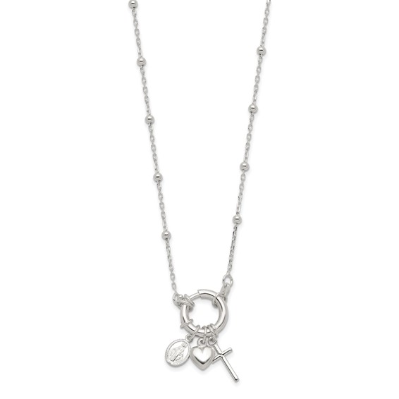Sterling Silver Heart/Miraculous Medal/Cross Charm 18in Necklace