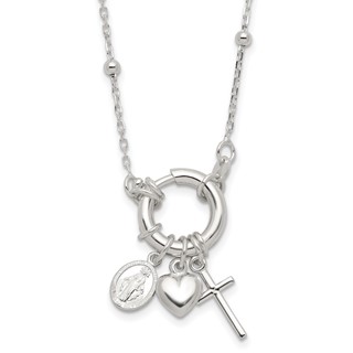 Sterling Silver Heart/Miraculous Medal/Cross Charm 18in Necklace