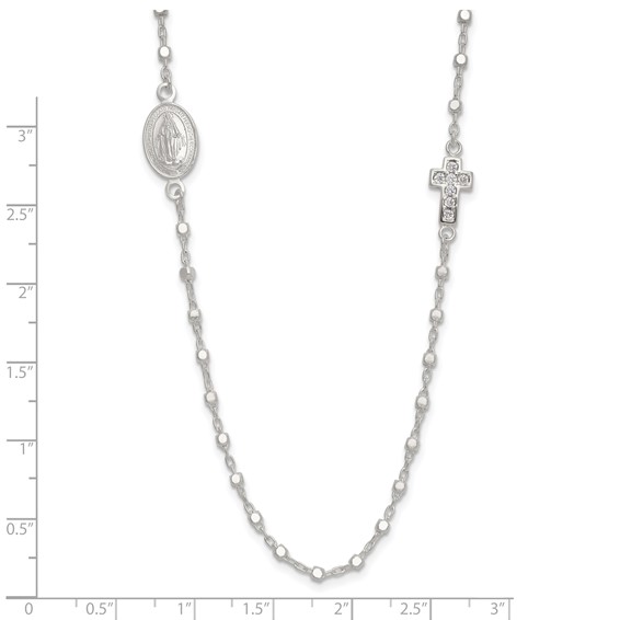 Sterling Silver Polished with CZ Cross and Miraculous Medal 18in Necklace