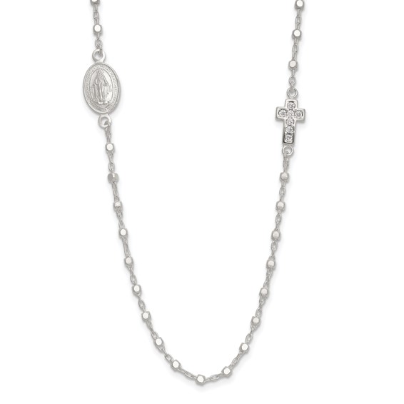 Sterling Silver Polished with CZ Cross and Miraculous Medal 18in Necklace