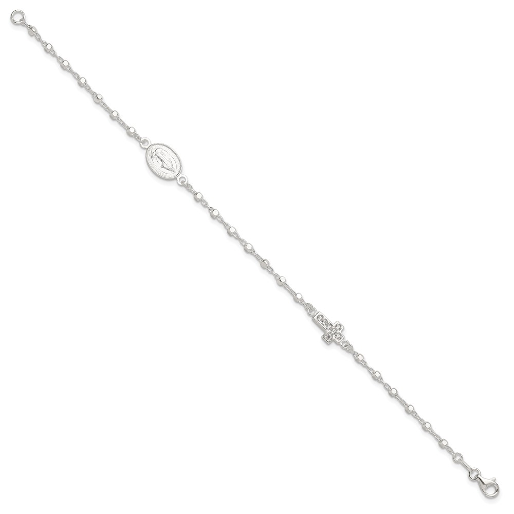 Sterling Silver Polished with CZ Cross and Miraculous Medal 7.5in Bracelet (QG6563-7.5)