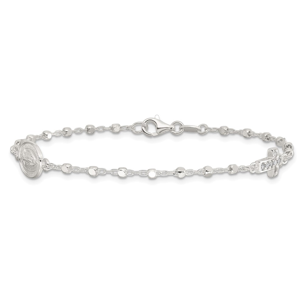 Sterling Silver Polished with CZ Cross and Miraculous Medal 7.5in Bracelet (QG6563-7.5)