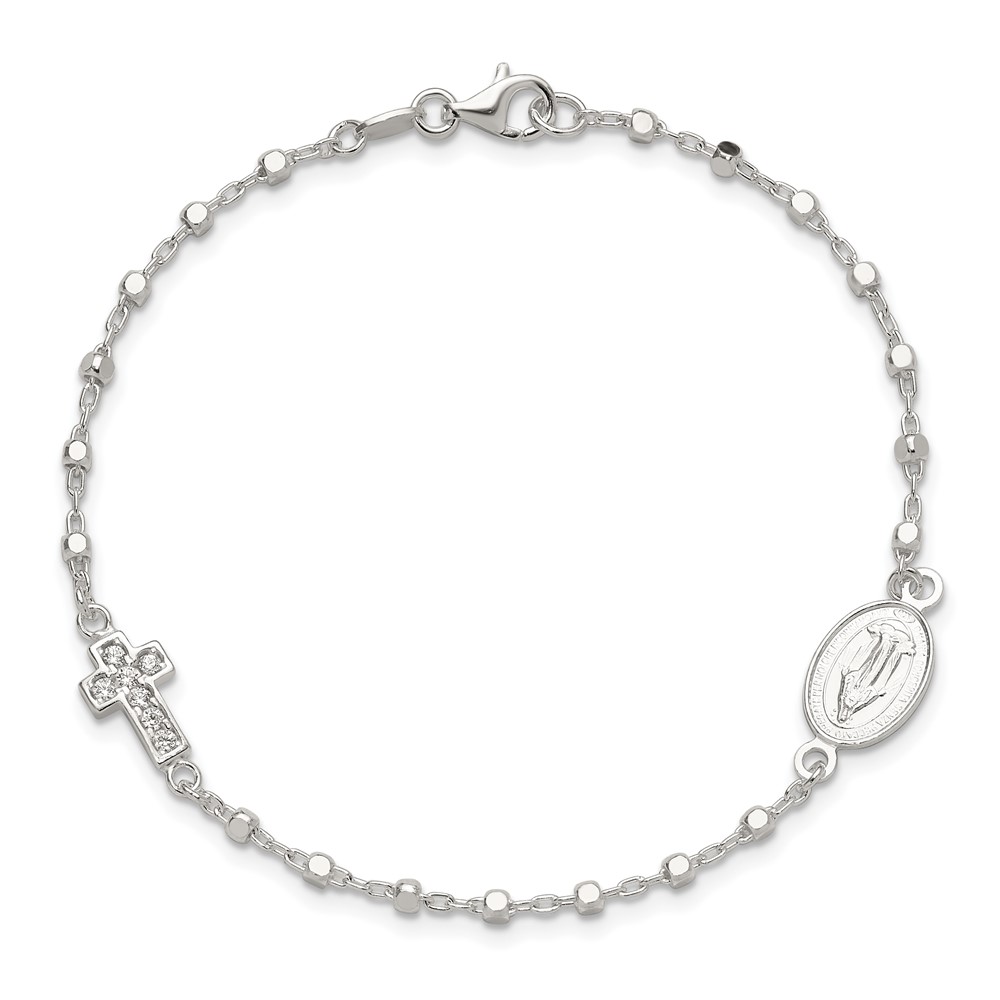 Sterling Silver Polished with CZ Cross and Miraculous Medal 7.5in Bracelet (QG6563-7.5)