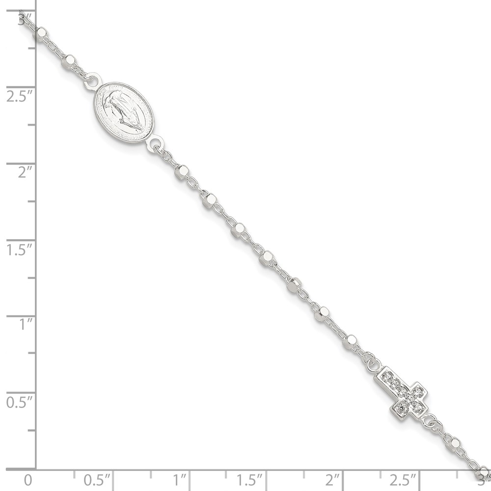 Sterling Silver Polished with CZ Cross and Miraculous Medal 7.5in Bracelet (QG6563-7.5)