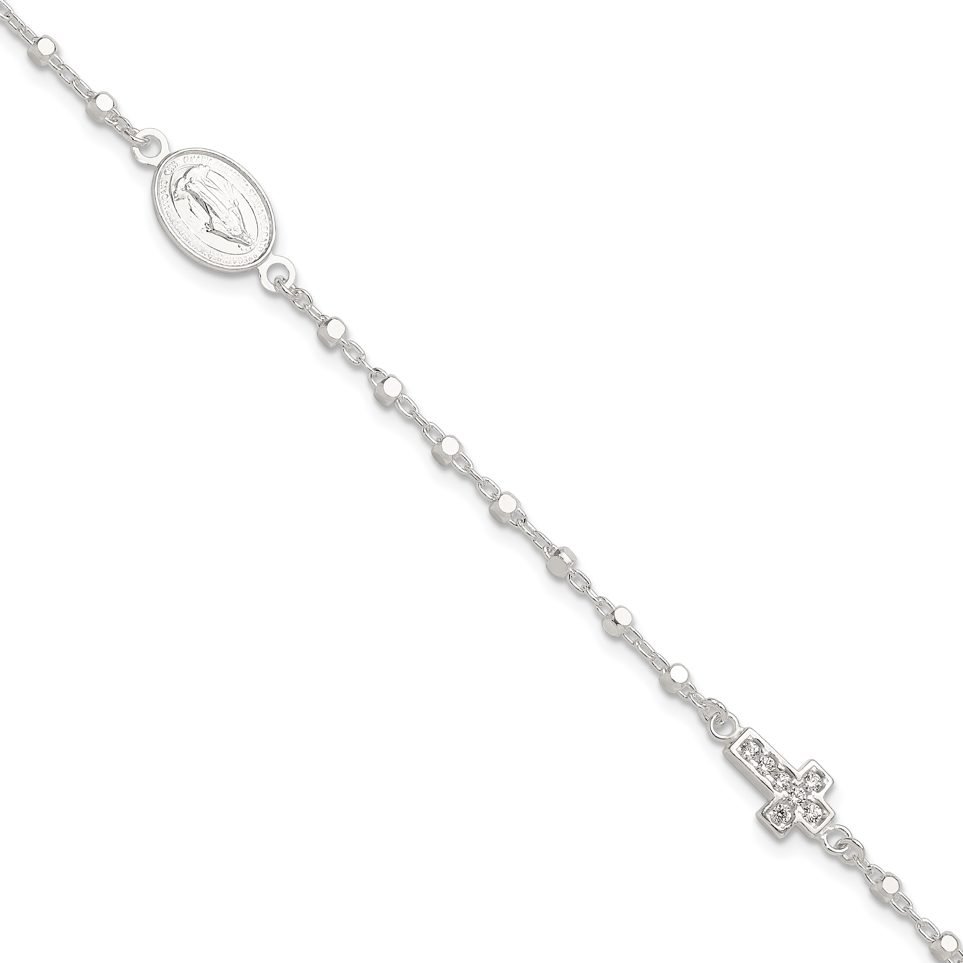 Sterling Silver Polished with CZ Cross and Miraculous Medal 7.5in Bracelet (QG6563-7.5)
