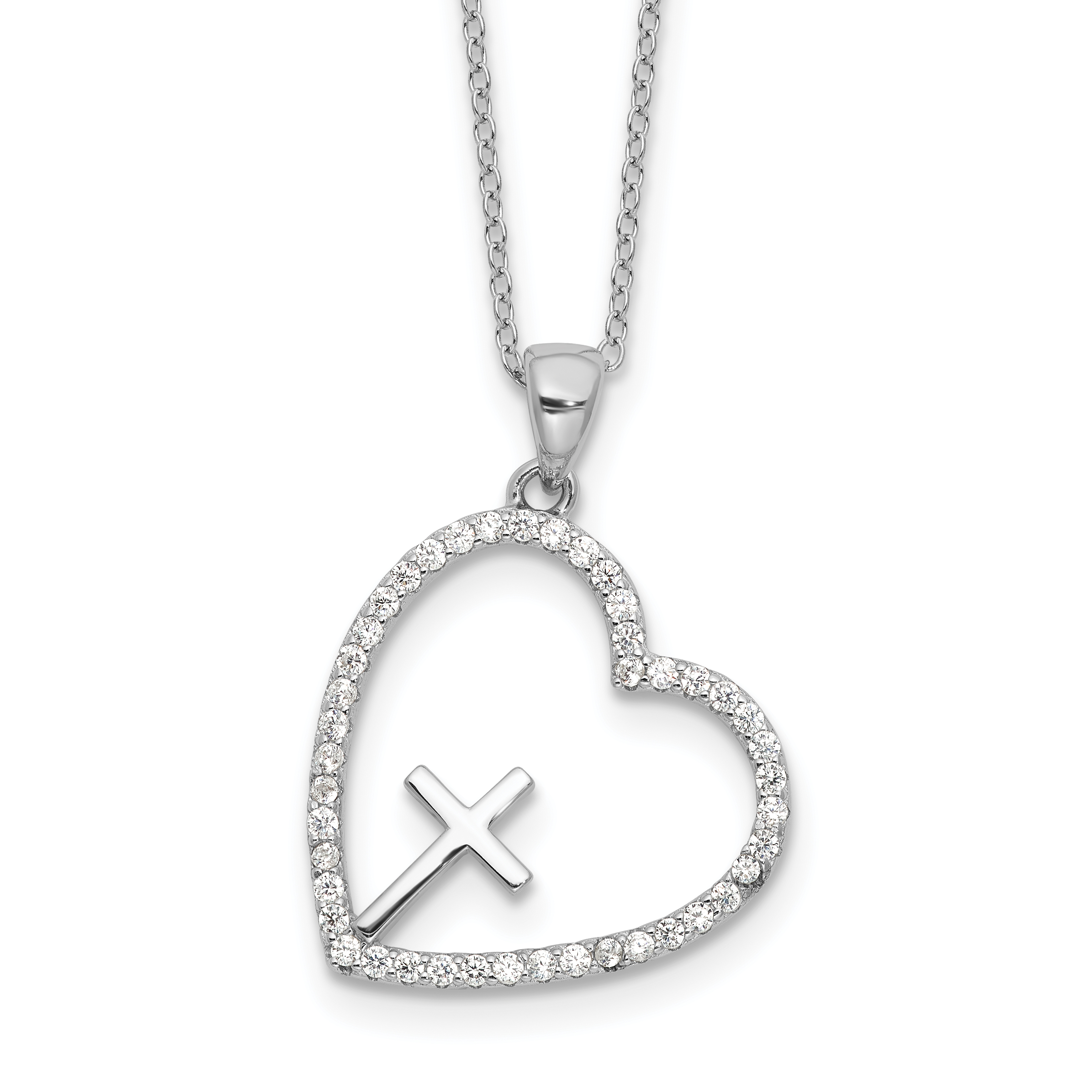 Sterling Silver Rhodium-plated CZ Open Heart with Cross 18in Necklace (QG6564-18)