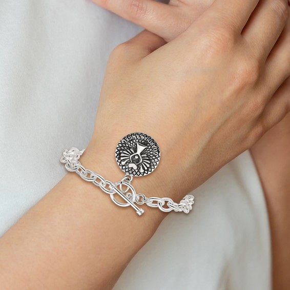 Sterling Silver Oxidized Dangle GUARDIAN ANGEL Toggle Clasp Bracelet