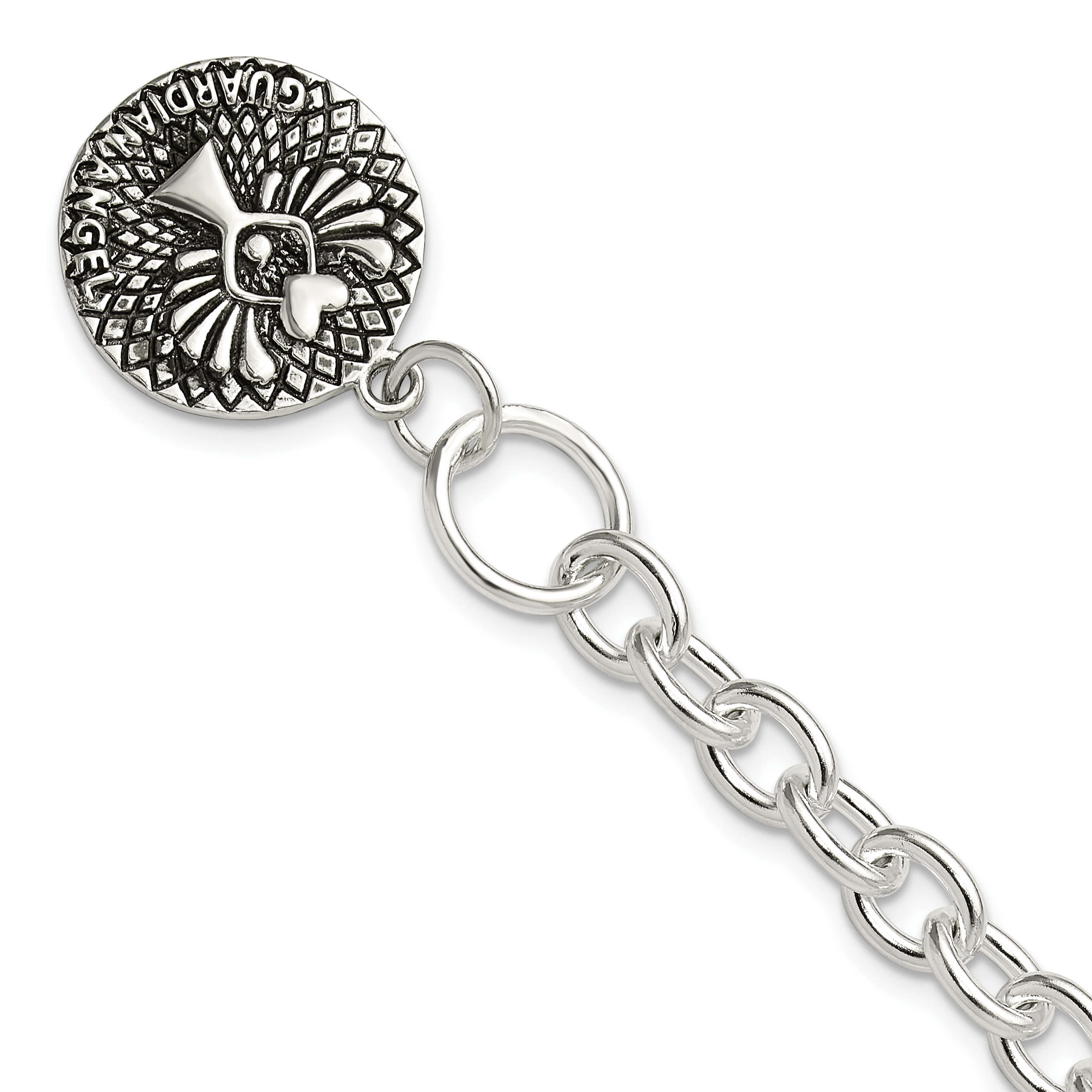 Sterling Silver Oxidized Dangle GUARDIAN ANGEL Toggle Clasp Bracelet (QG6566-7.5)