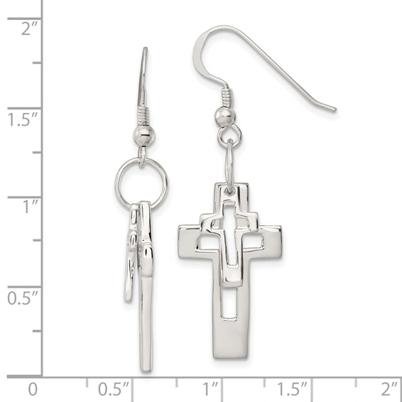 Sterling Silver Polished Double Open Cross Shepherd Hook Earrings