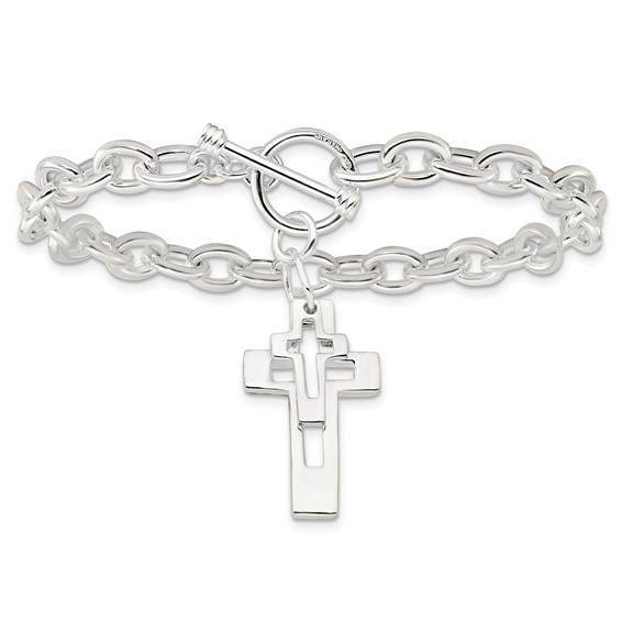 Sterling Silver E-Coated Double Open Cross Toggle Bracelet