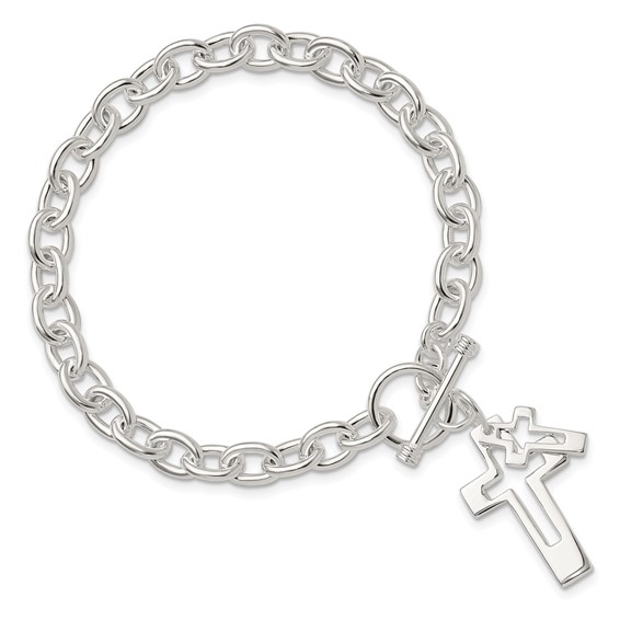 Sterling Silver E-Coated Double Open Cross Toggle Bracelet