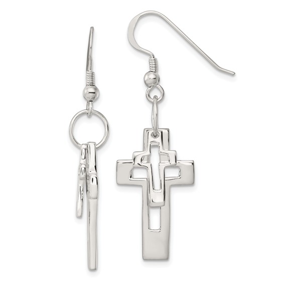 Sterling Silver Polished Double Open Cross Shepherd Hook Earrings