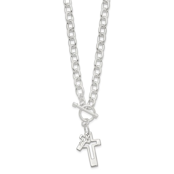 Sterling Silver E-Coated Double Open Cross Toggle 18in Necklace