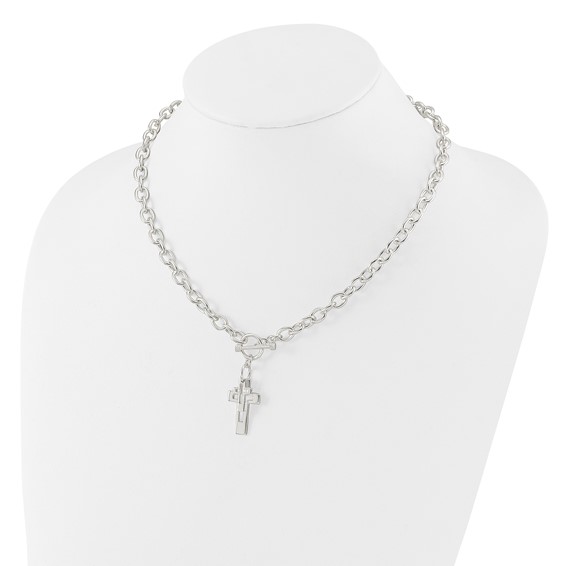 Sterling Silver E-Coated Double Open Cross Toggle 18in Necklace