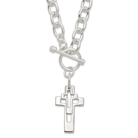 Sterling Silver E-Coated Double Open Cross Toggle 18in Necklace