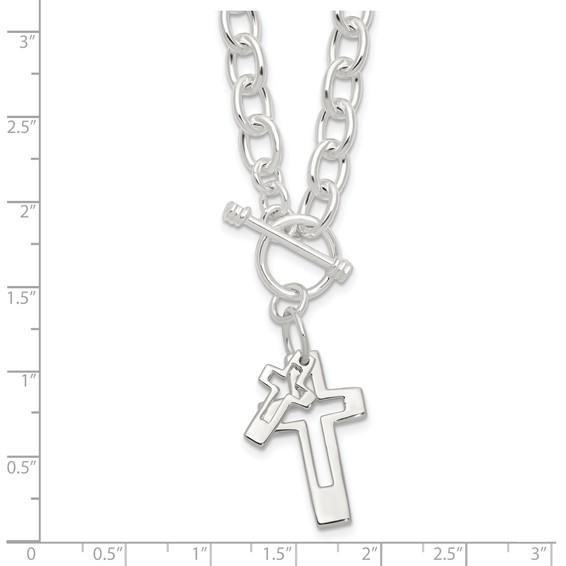 Sterling Silver E-Coated Double Open Cross Toggle 18in Necklace