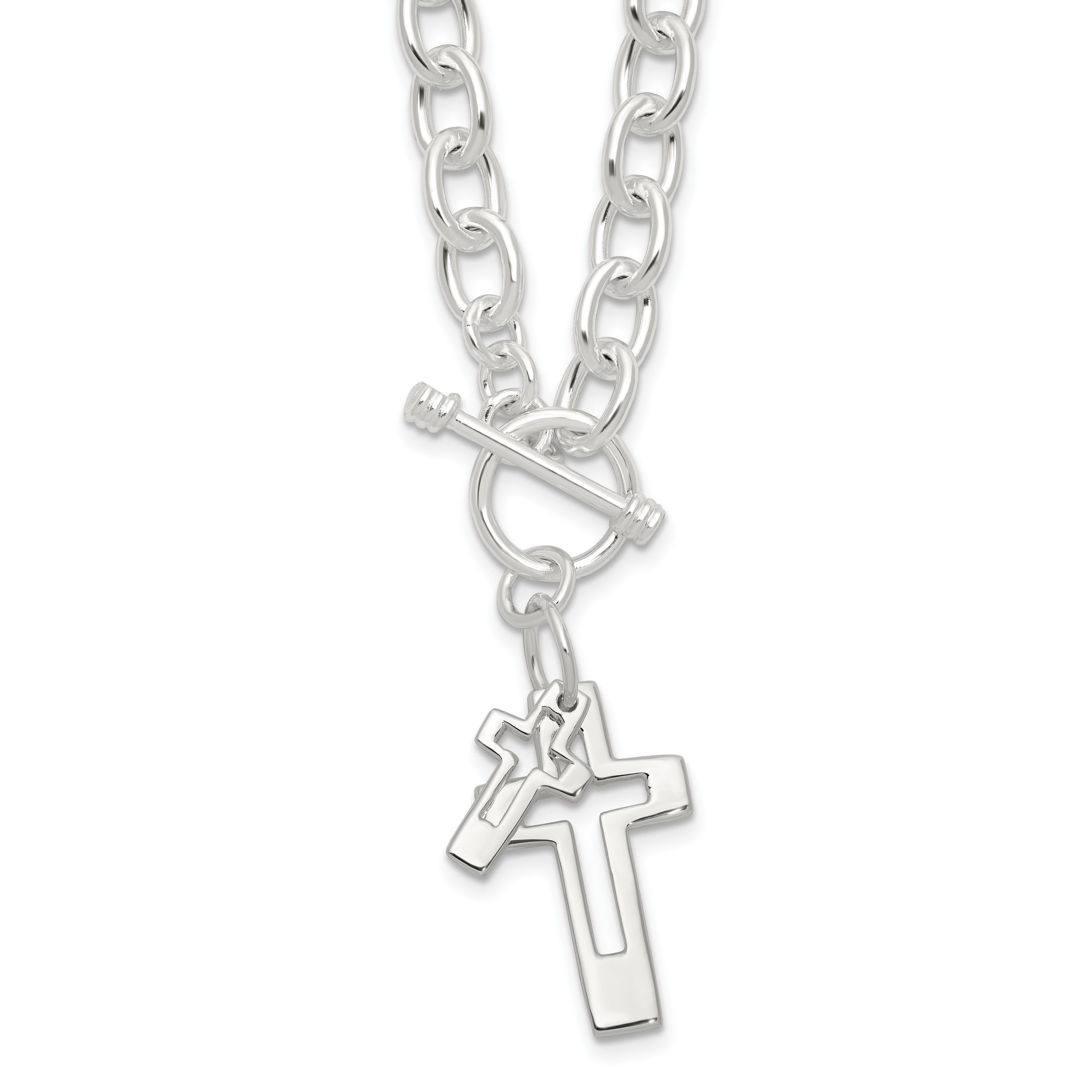 Sterling Silver E-Coated Double Open Cross Toggle 18in Necklace (QG6567E)