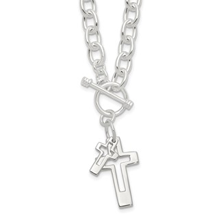 Sterling Silver E-Coated Double Open Cross Toggle 18in Necklace