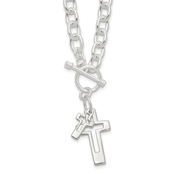 Sterling Silver E-Coated Double Open Cross Toggle 18in Necklace