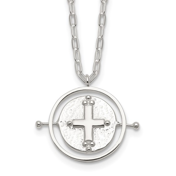 Sterling Silver E-Coating Movable/Spin Cross 16in w/2in ext Necklace