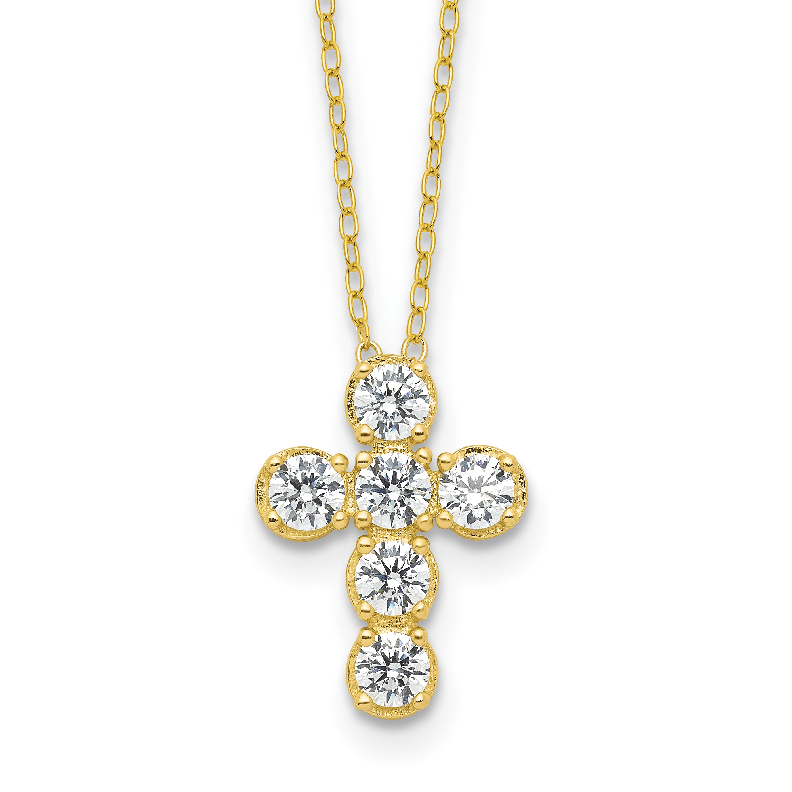 Sterling Silver Gold-tone CZ Cross 16in w/2in ext Necklace (QG6572GP-16)