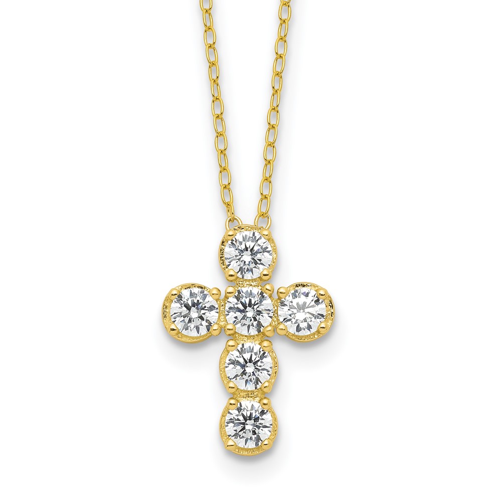 Sterling Silver Gold-tone CZ Cross 16in w/2in ext Necklace (QG6572GP-16)