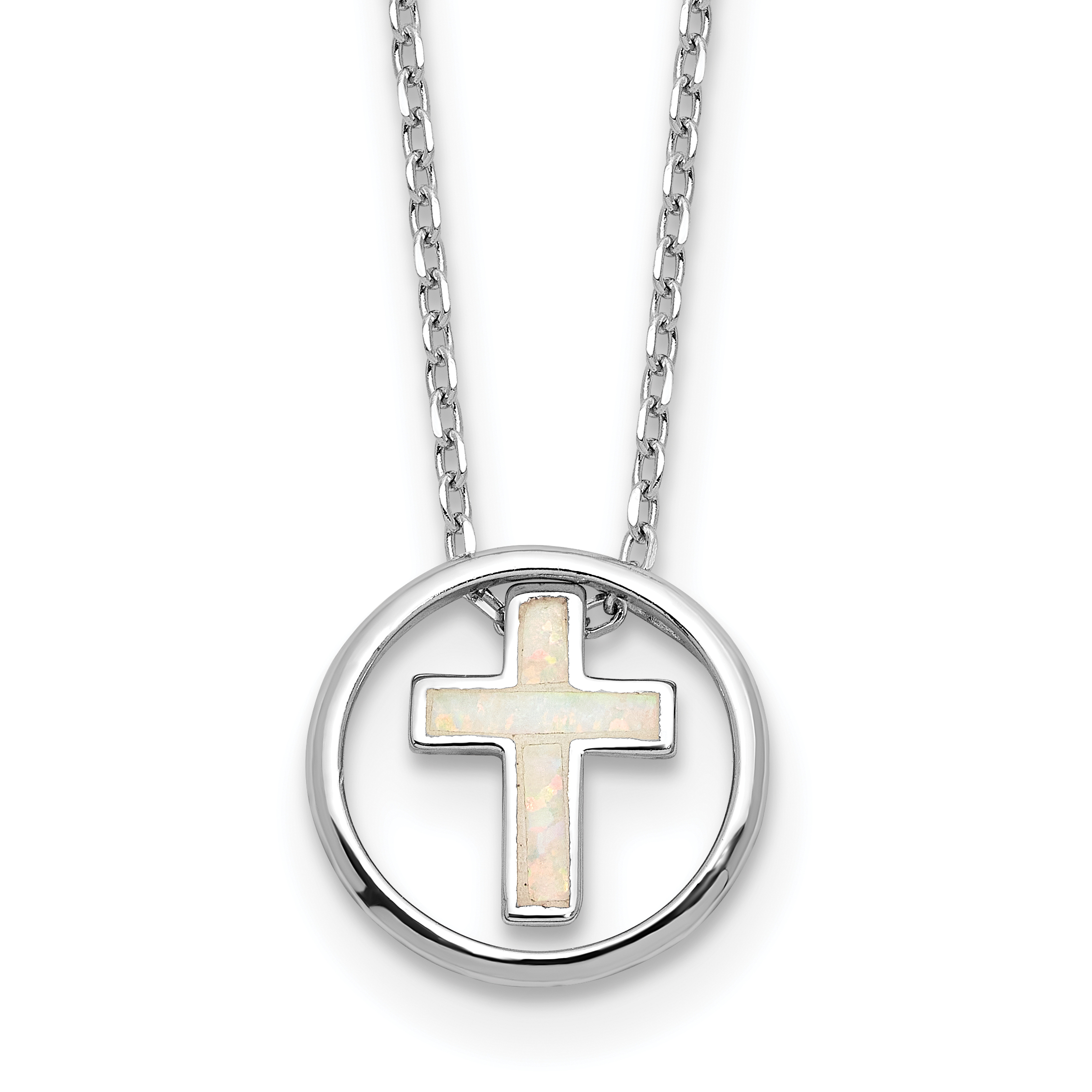 Sterling Silver RH-plated Created Opal Inlay Cross 16in w/2in ext Necklace (QG6573-16)