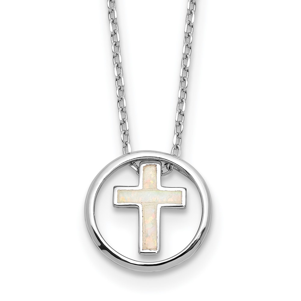 Sterling Silver RH-plated Created Opal Inlay Cross 16in w/2in ext Necklace (QG6573-16)