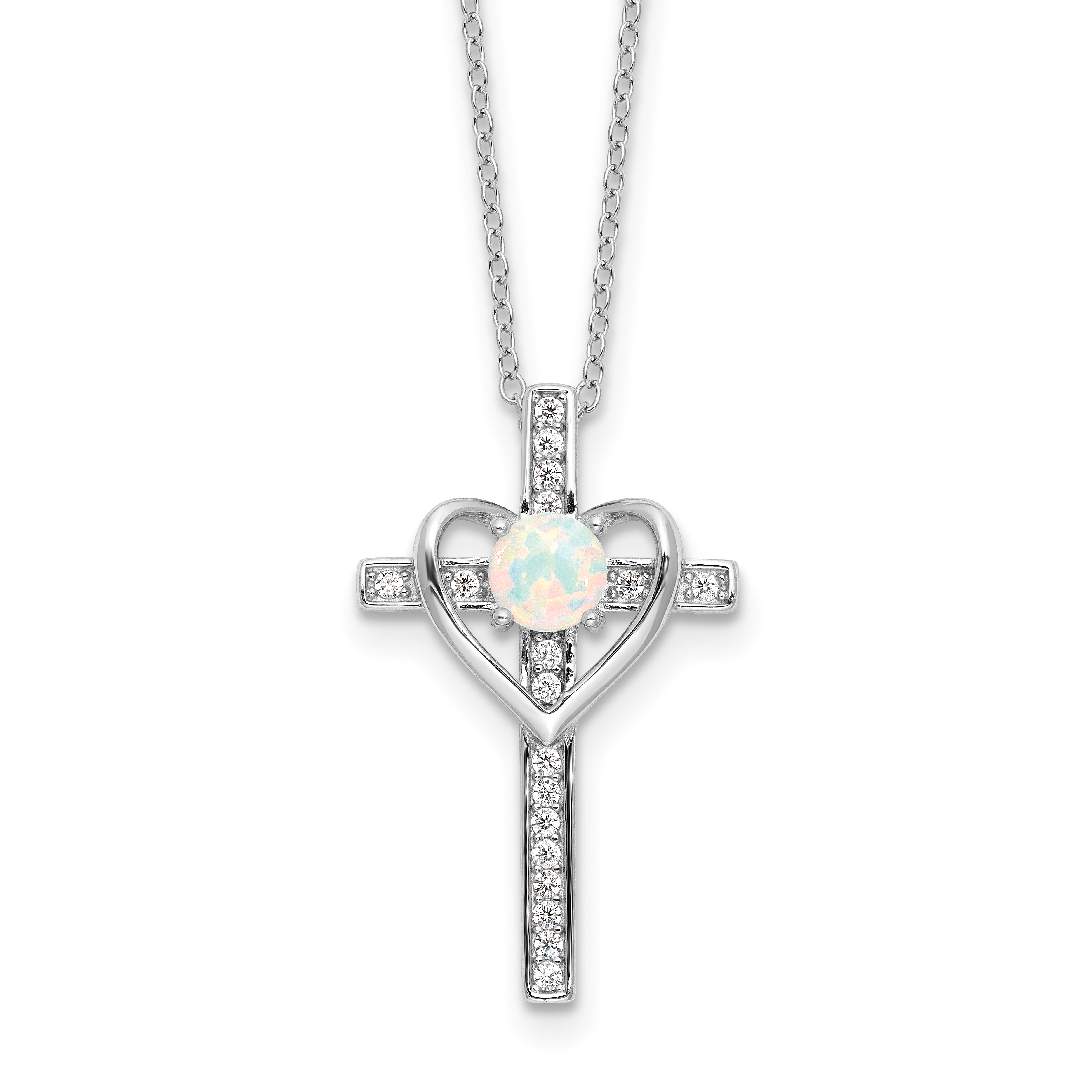 Sterling Silver RH-plated Created Opal and CZ Cross w/Heart 18in Necklace (QG6575-18)