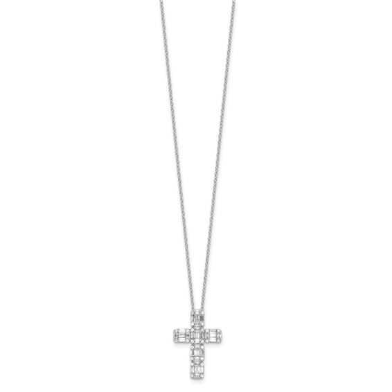 Sterling Silver Rhodium-plated Baguette CZ Cross 18in Necklace