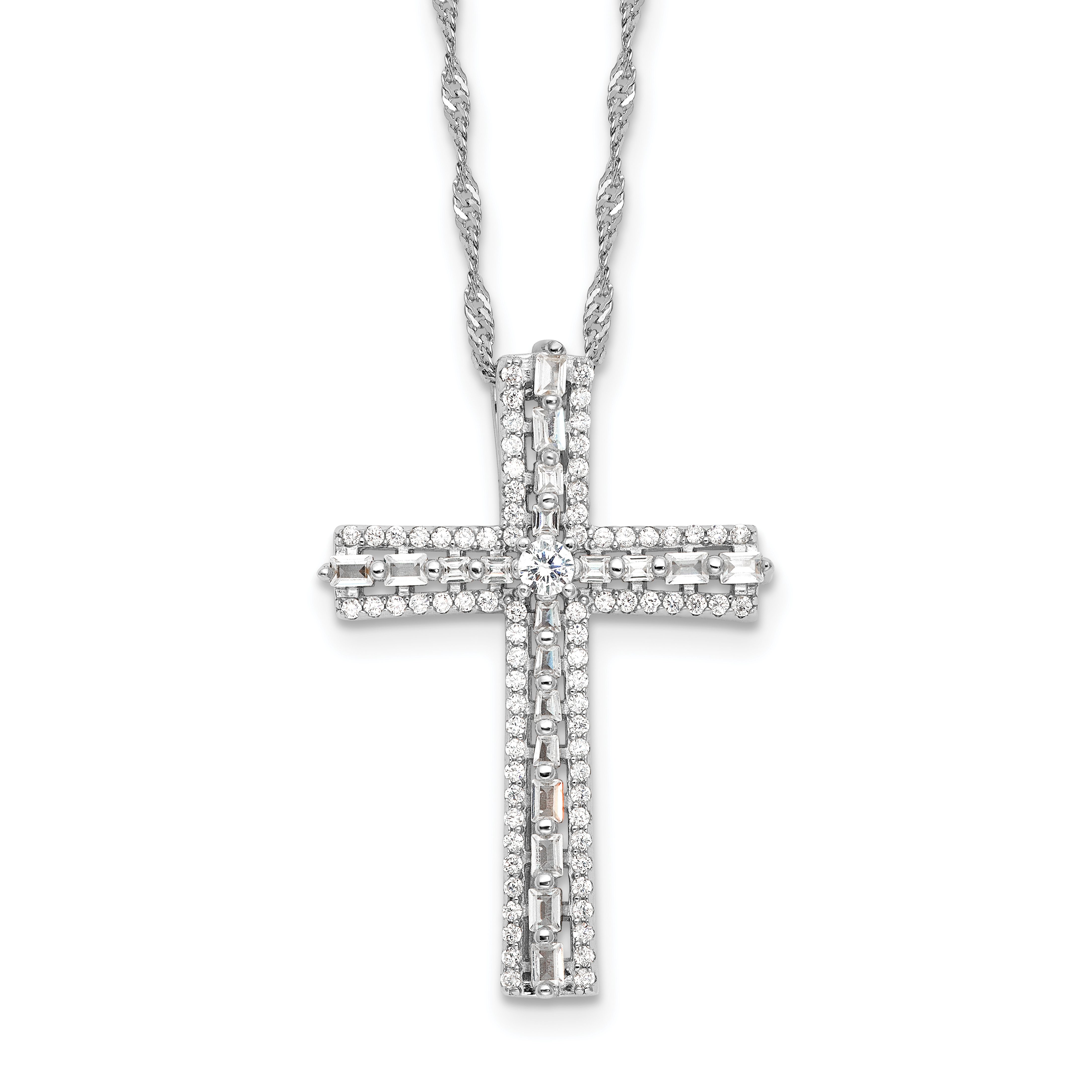 Sterling Silver Rhodium-plated CZ Cross 18in w/2in ext. Necklace (QG6579-18)