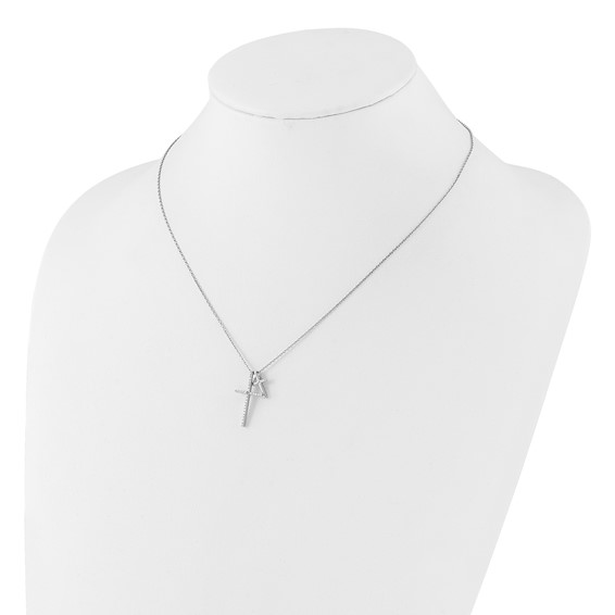 Sterling Silver Rhodium-plated with CZ Double Cross 16in +2in ext Necklace